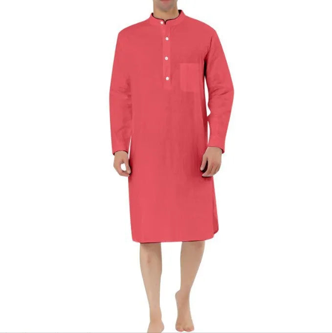 Men's light blue cotton shirt robe with front pockets hanging on a hanger.