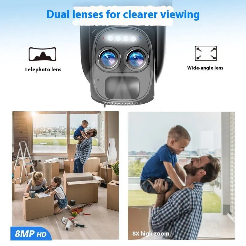 Solar security camera with 8x zoom lens, solar panel, and 4G/WiFi connectivity options