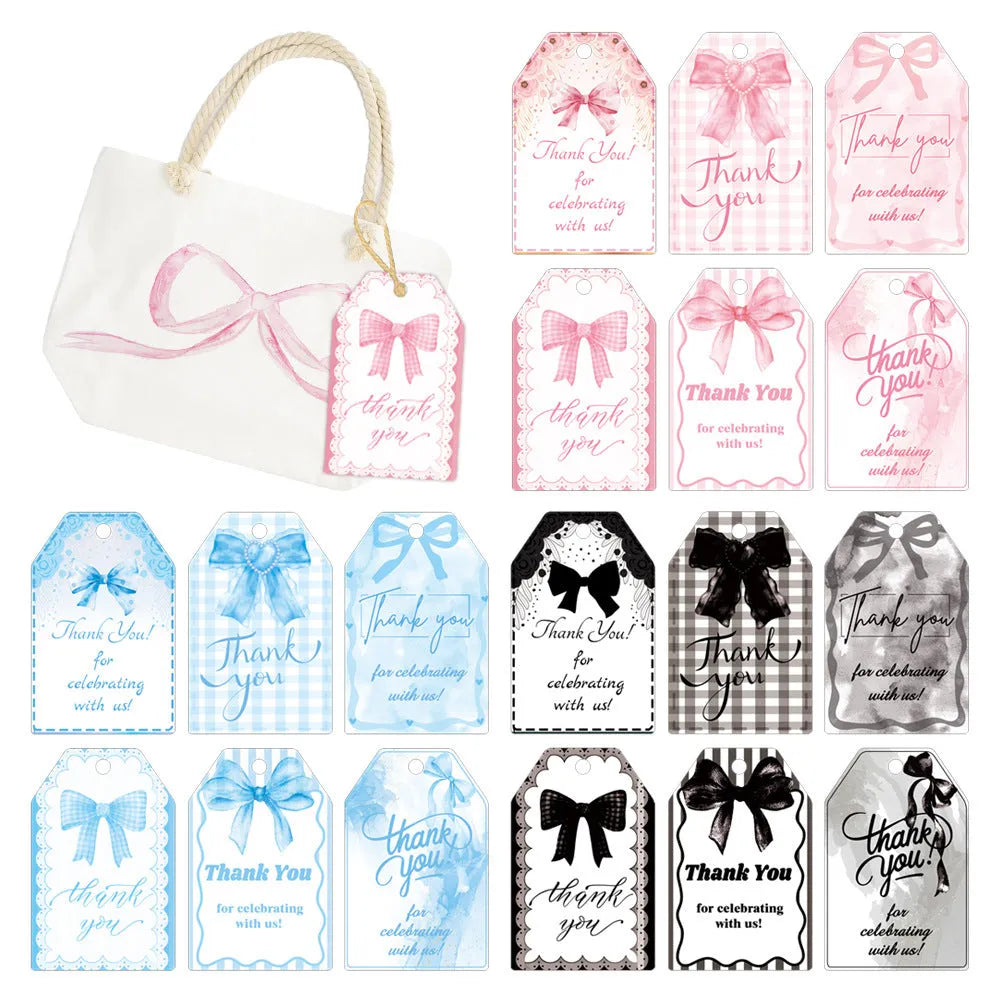 Sixty paper bowknot gift tags with natural hemp rope in three different designs for birthday parties.