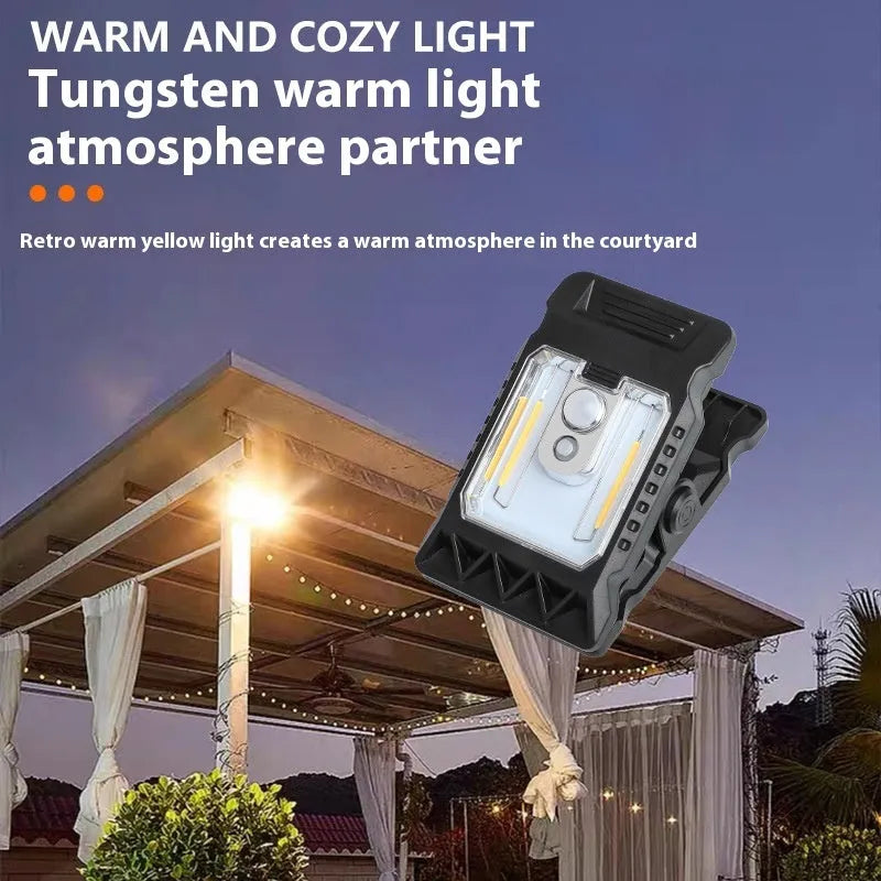 Compact white ABS plastic LED clip lamp with motion sensor, shown clipped to a shelf edge.