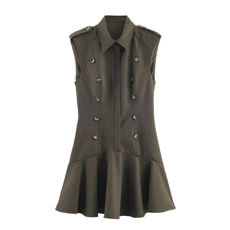 Women's short dress with padded shoulders, laminated decoration, asymmetric striped and plaid skirt, long sleeves, for commuting