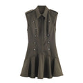 Women's short dress with padded shoulders, laminated decoration, asymmetric striped and plaid skirt, long sleeves, for commuting