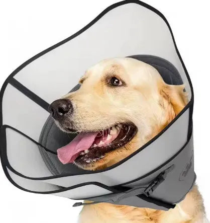 Adjustable fabric pet recovery collar in beige, showing hook-and-loop fastener and ring shape.