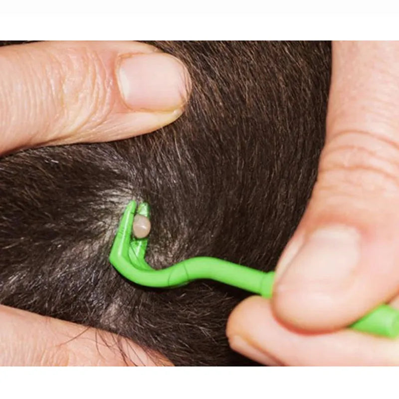 Three blue plastic tick removal hook clips for dogs and cats on a white background.