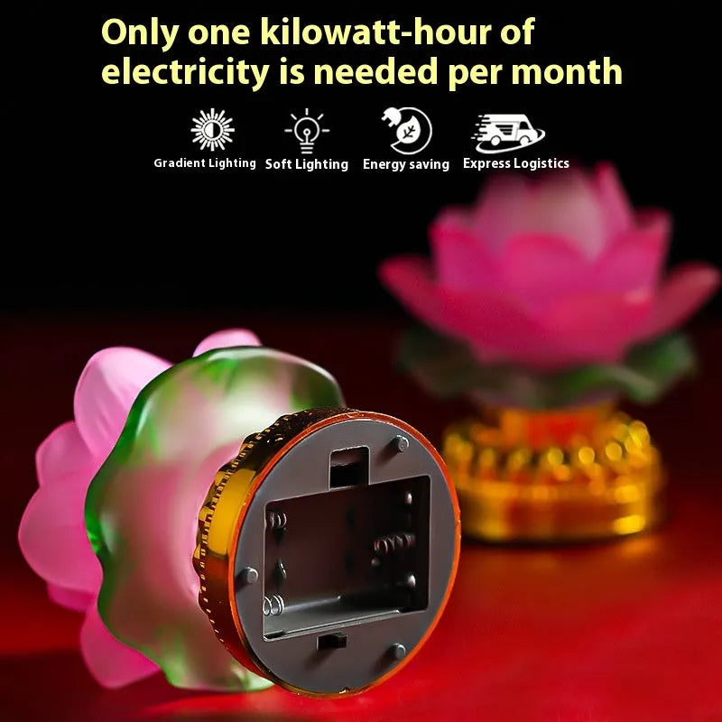 Yellow Chinese style ABS plastic lotus lamp for Buddha altar decoration, shown in bud and flowering styles.