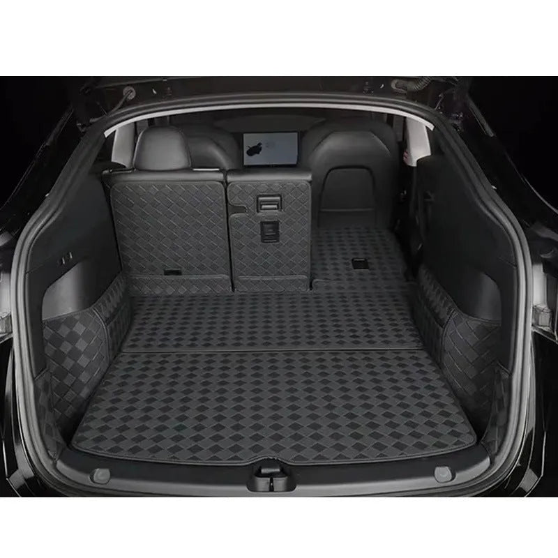 Leather trunk mat for Tesla Model 3 or Model Y boot in black, brown, or wine red.