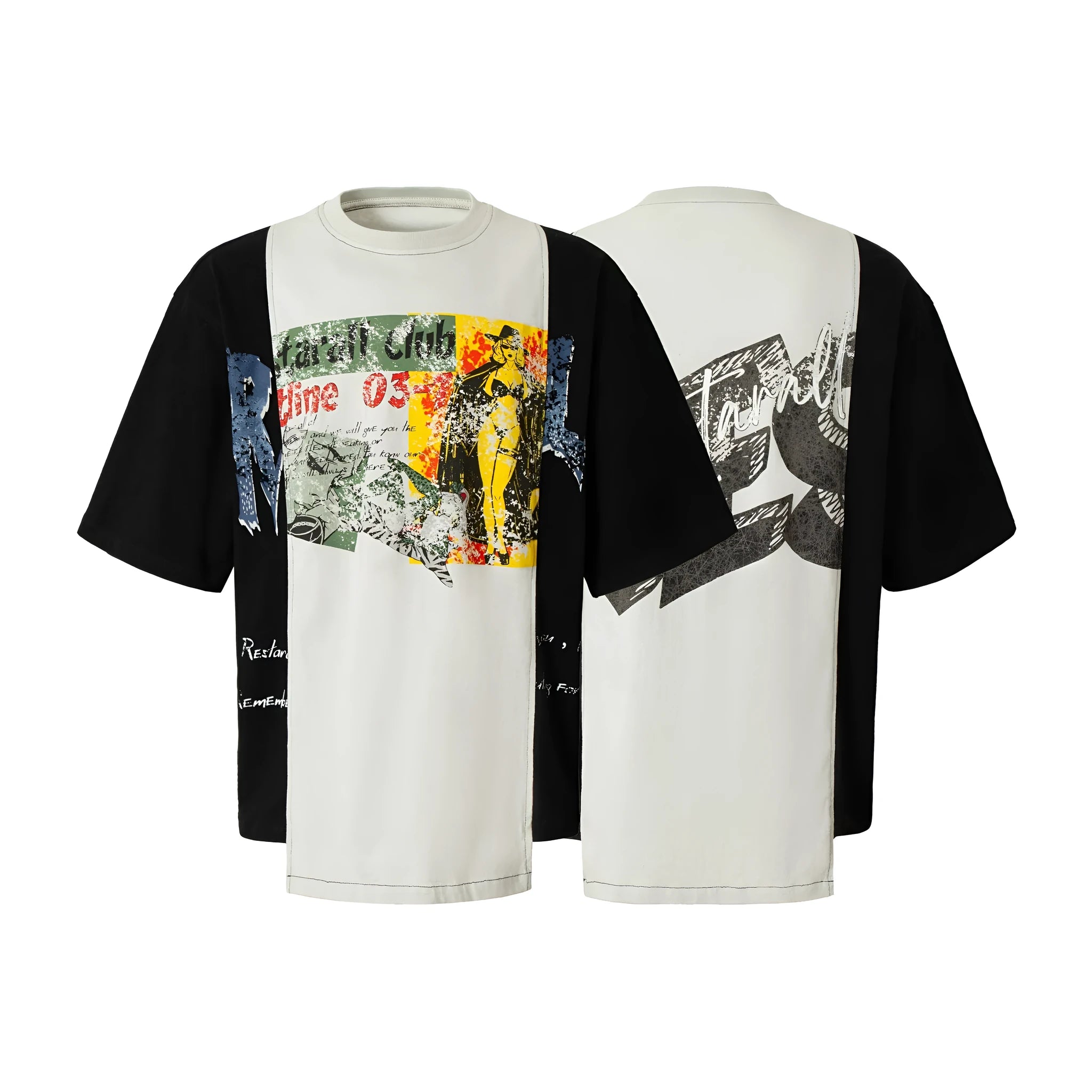 Black and white stitched oversized T-shirt with a broken collage deconstruction graphic print.