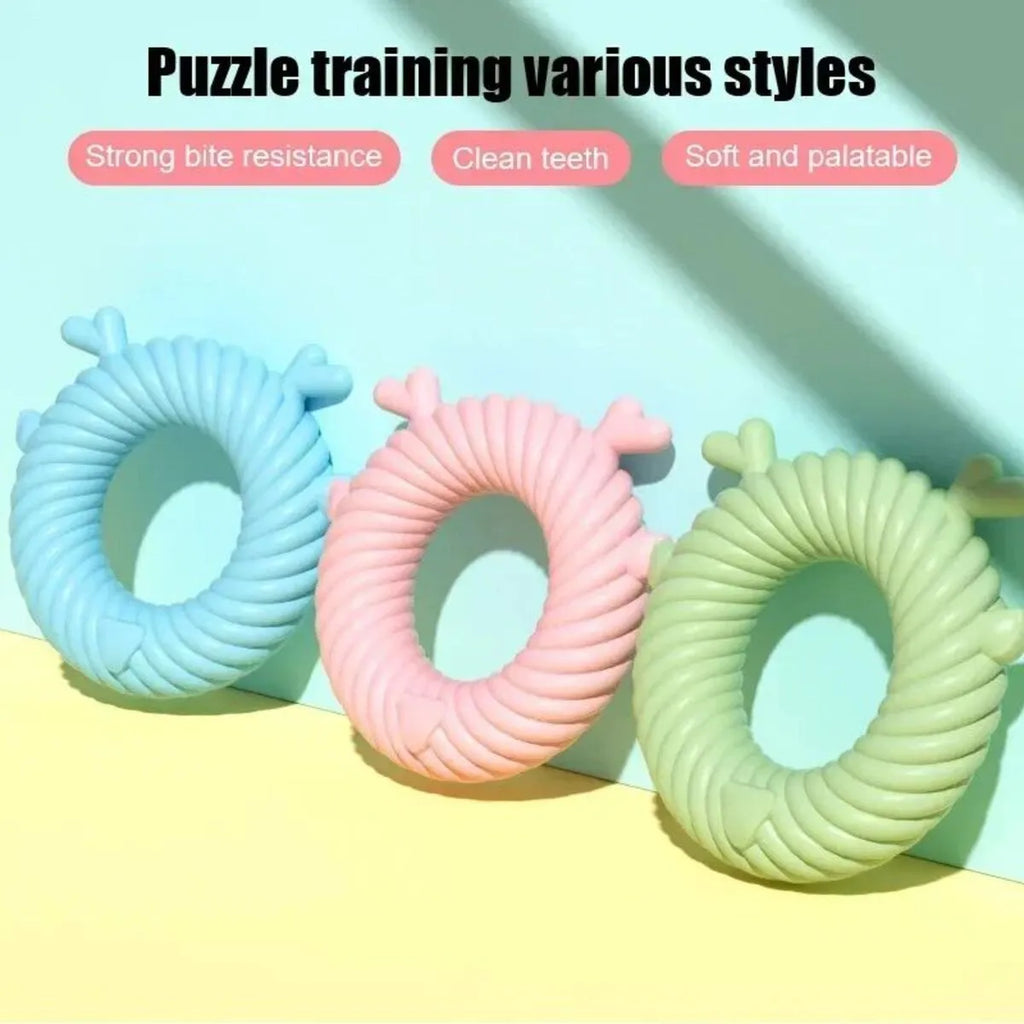 Deer-shaped dog teething toy with spiral grooves in blue, pink, or green colour options