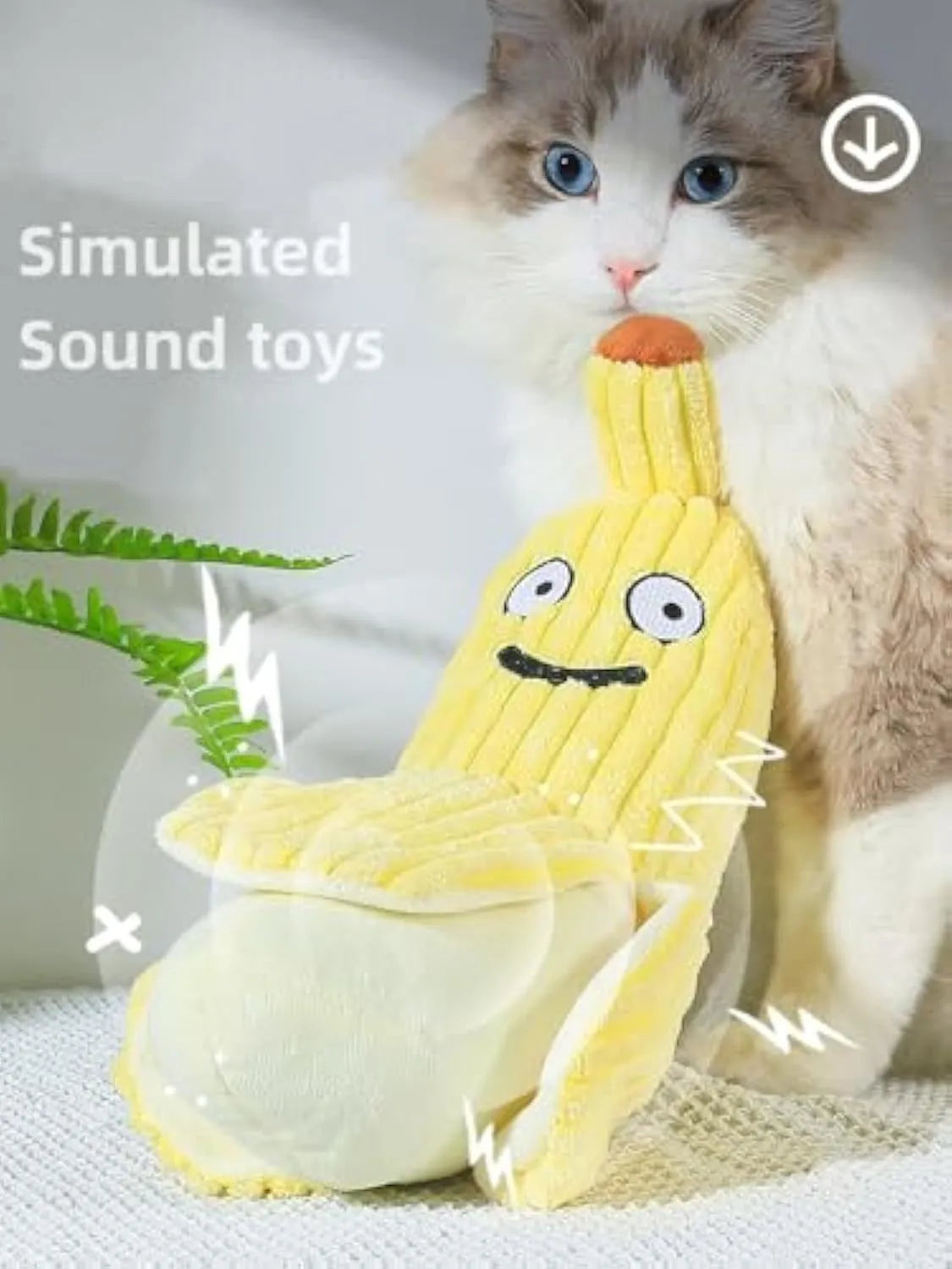 Yellow banana-shaped plush cat toy with a green tip and a textured velvet strip.