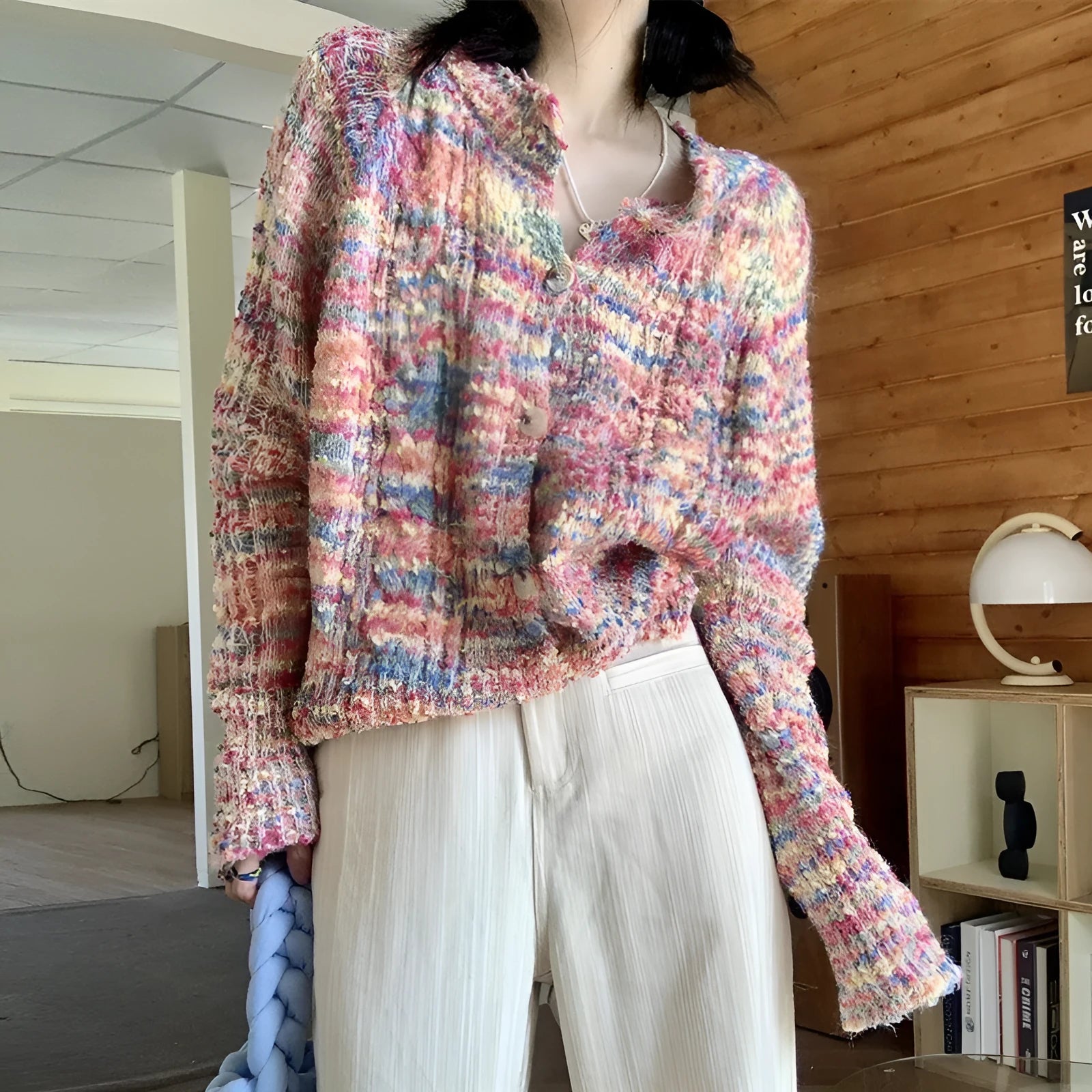 A retro-style slim fit knitted cardigan in a soft pink or green colour with a textured toothbrush hair fabric.