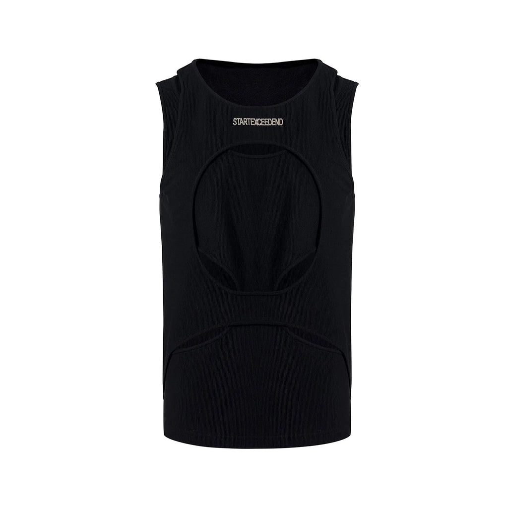 Men's black sleeveless waistcoat vest with white hollow thread stitching and a round neck, laid flat.