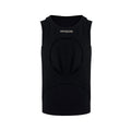 Men's black sleeveless waistcoat vest with white hollow thread stitching and a round neck, laid flat.