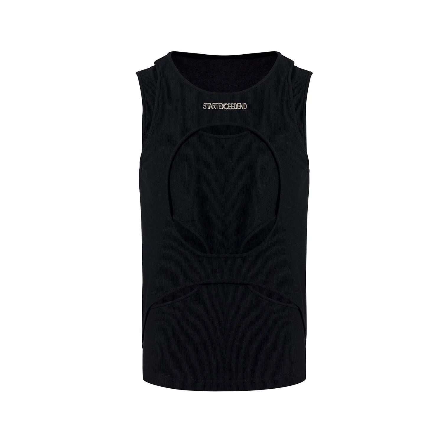 Men's black sleeveless waistcoat vest with white hollow thread stitching and a round neck, laid flat.