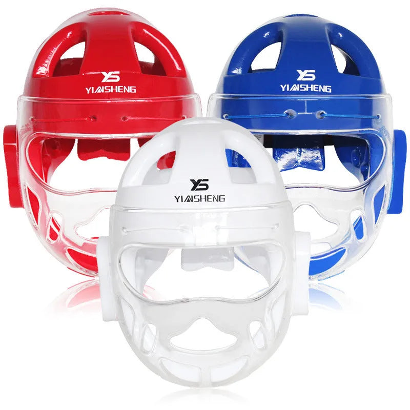 Karate boxing helmet for head protection, shown in white, blue, and red colour options.