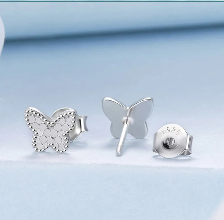 Pair of original S925 sterling silver shining butterfly stud earrings with electroplated finish for women