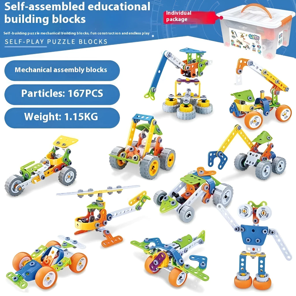 10-in-1 DIY soft silicone building blocks engineering vehicle and robot assembly model with screw tool in cartoon suitcase