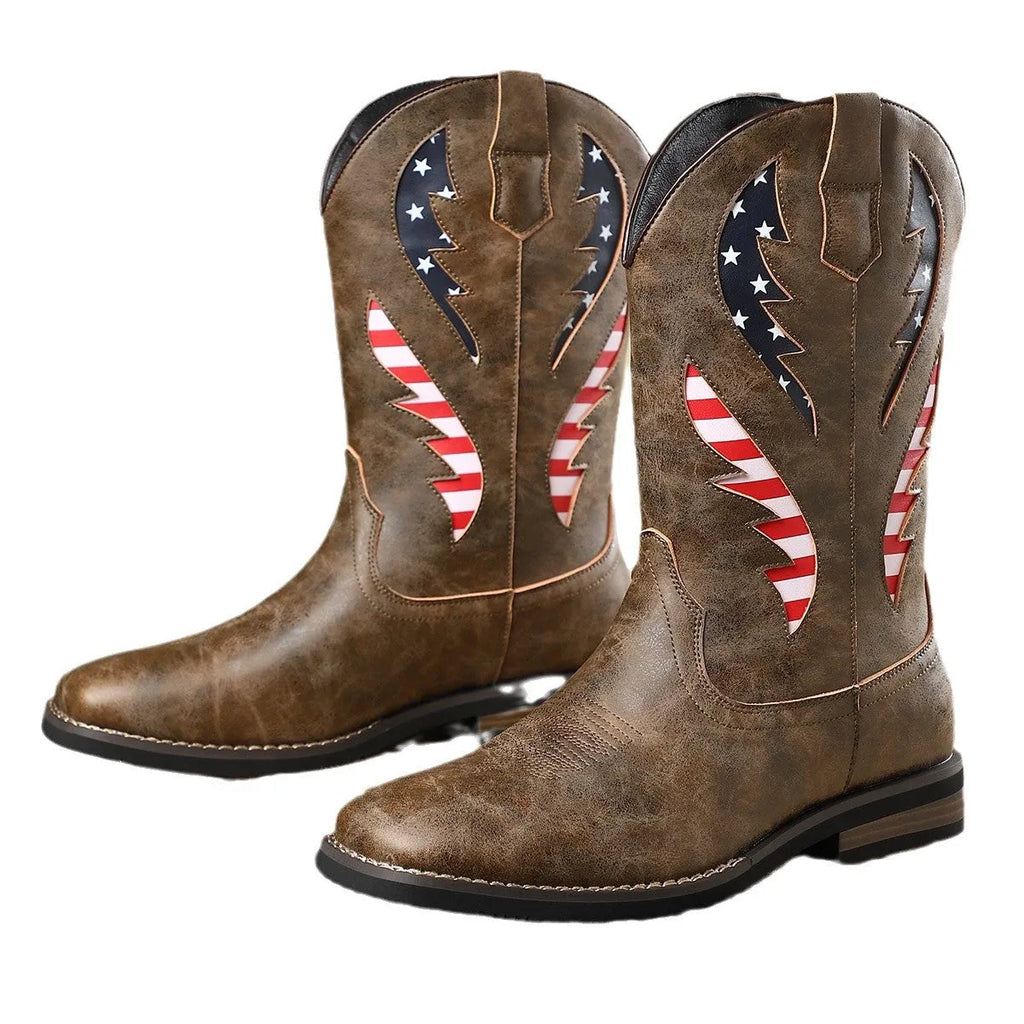 Men's thick-heel leather patchwork boots in black, brown, gray, and khaki, slip-on style with block heel