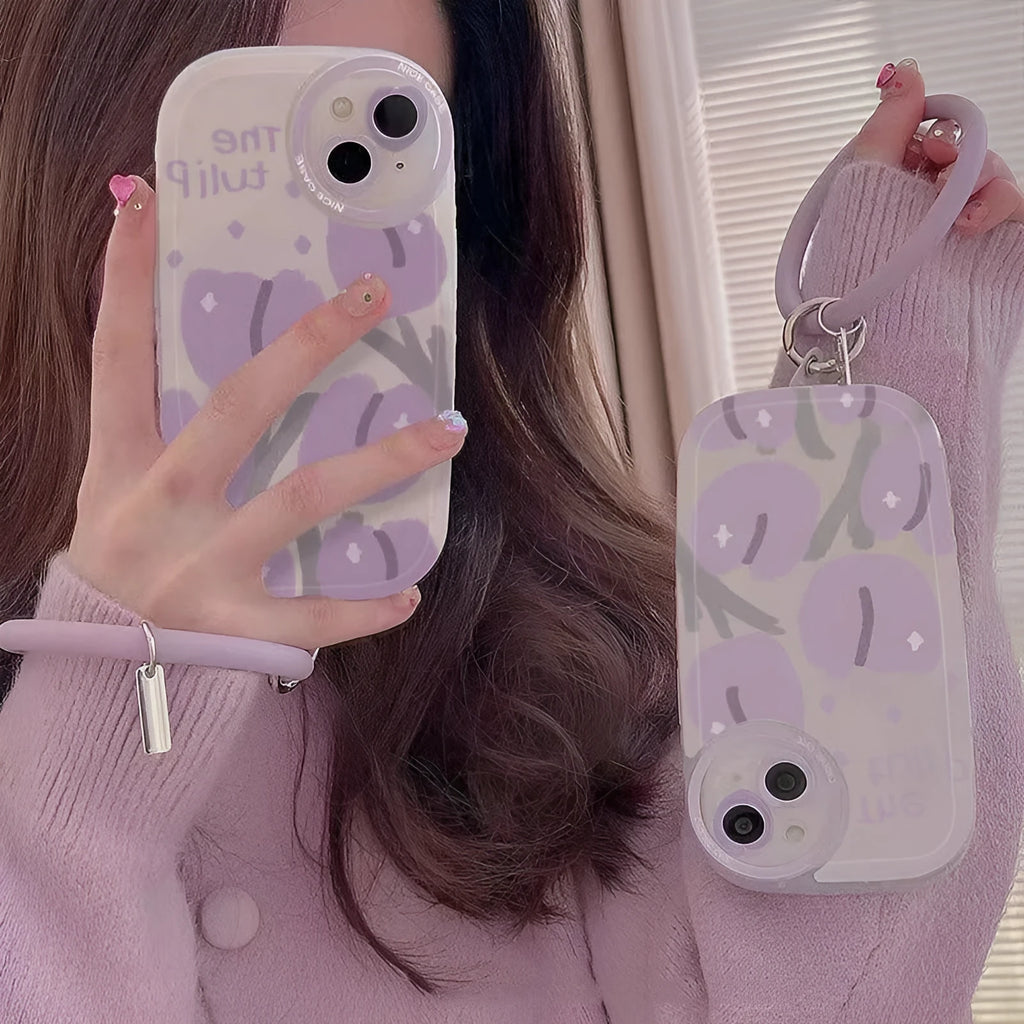 Purple tulip transparent phone case with heart lens design and matching bracelet for iPhone