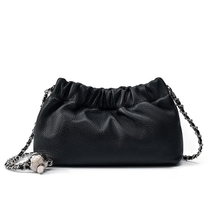 Genuine cowhide leather women's crossbody bag with chain shoulder strap in dumpling shape