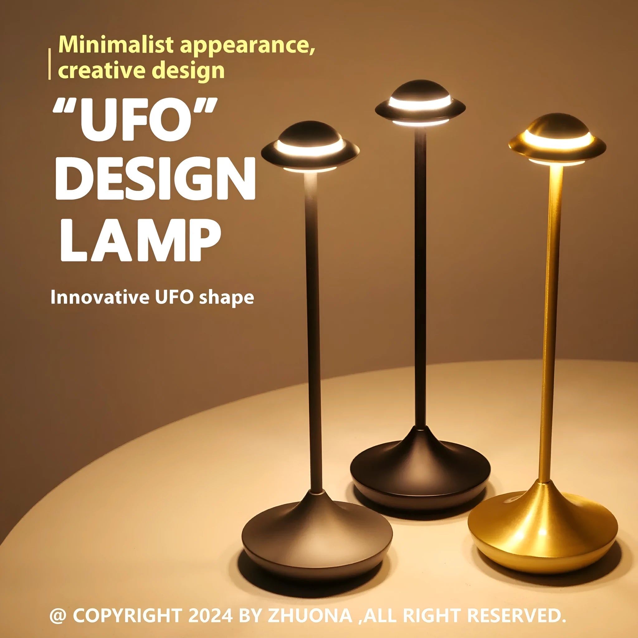 Modern UFO-shaped metal table lamp in grey on a wooden desk, showing touch controls and sleek design.