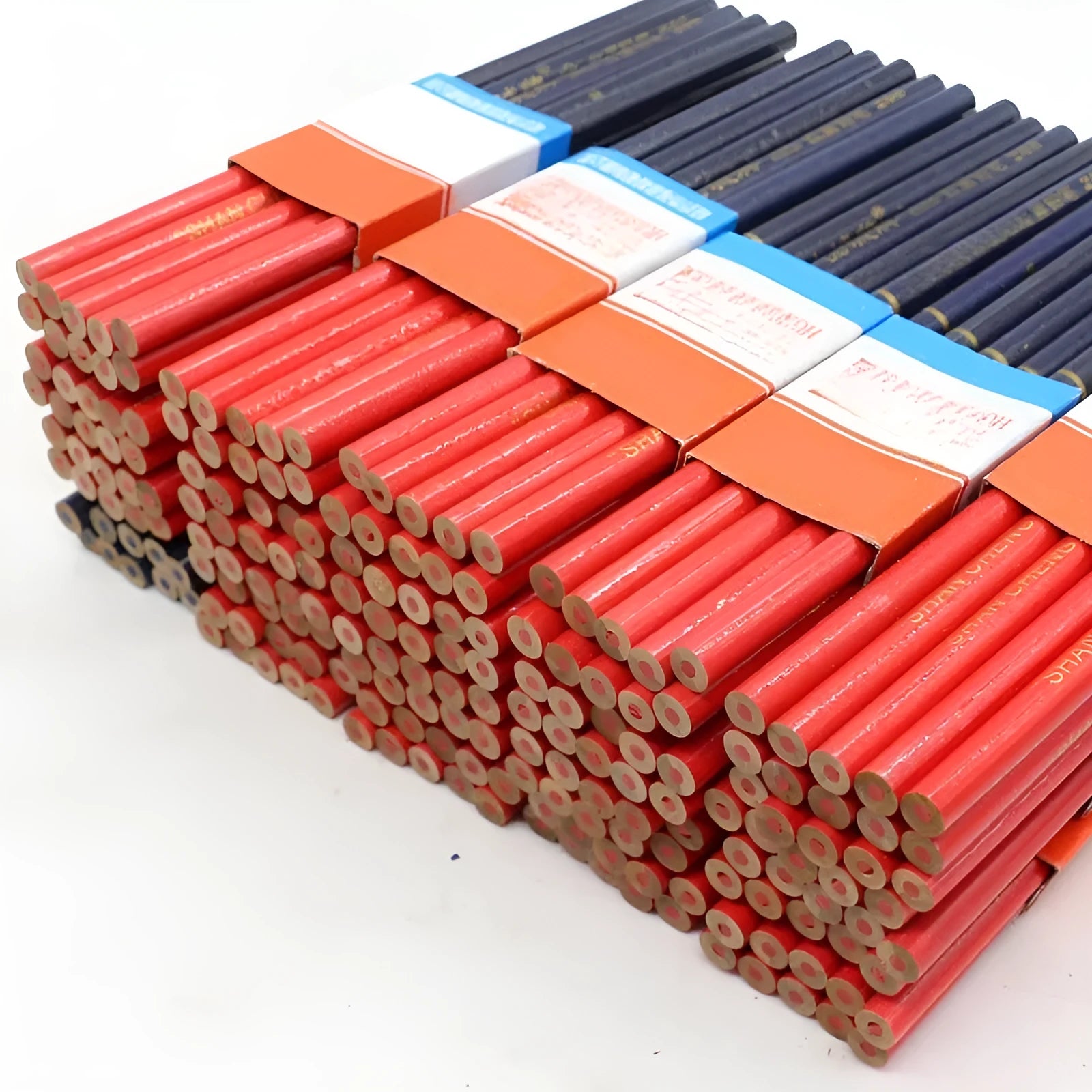 Ten red and blue two-colour carpenter pencils with round wooden barrels for marking