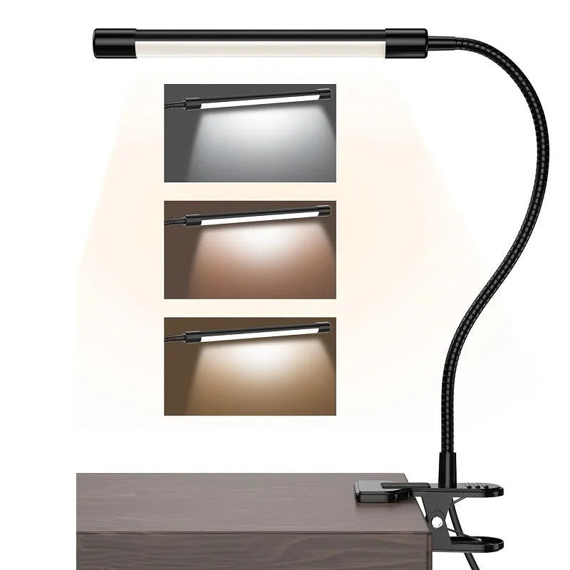 Black and white USB-powered LED desk lamp with a 26 cm length on a desk.