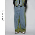 Distressed blue vest and jeans two-piece suit set with fleece lining.