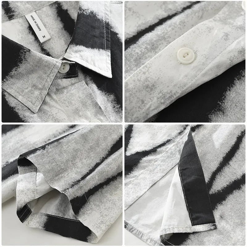 Retro striped short sleeve cotton shirt in loose cardigan fit, shown in black colour.