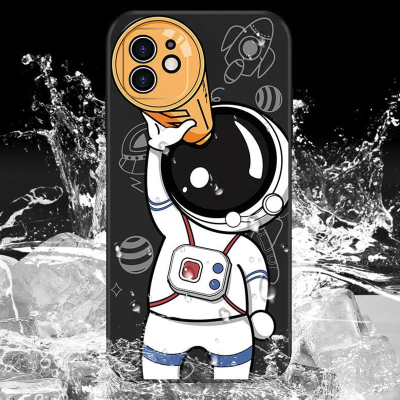 Silicone iPhone case with cartoon astronaut and starry sky planet design in blue.