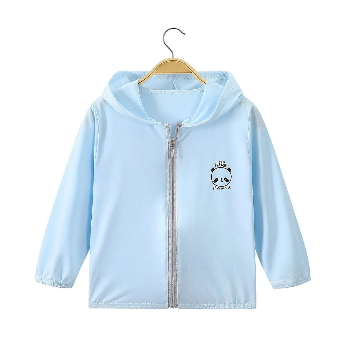 Children's Ice Silk sun protection jacket in light greenish blue, hooded and lightweight for summer outdoor use