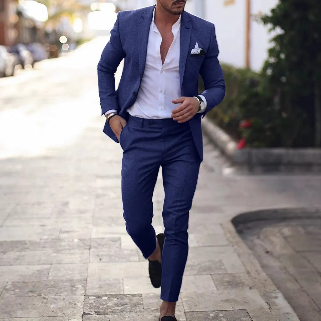 Men's leisure set with digital print two-button suit top and two-piece trousers slim fit light business casual