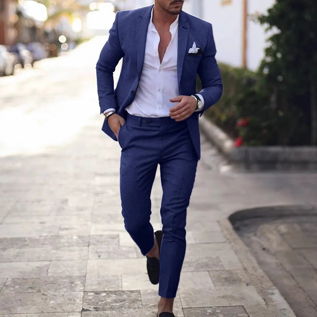 Men's leisure set with digital print two-button suit top and two-piece trousers slim fit light business casual