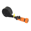 Blue portable plastic garden sprinkler with PVC switch on grass.