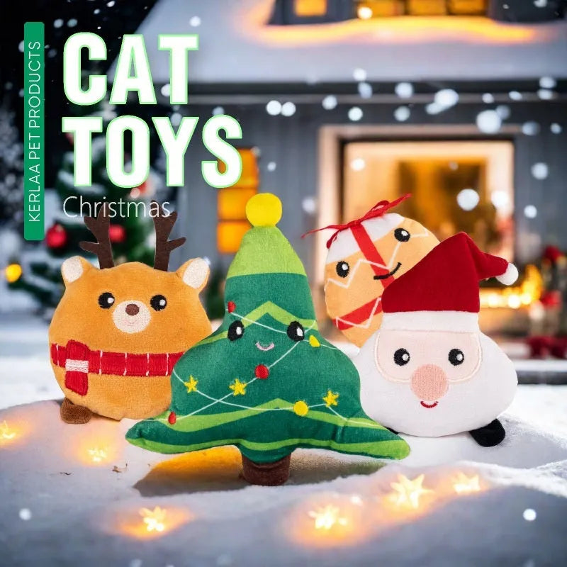 Christmas cat plush toy with catnip stuffing in festive designs including Santa Claus and Christmas Tree.