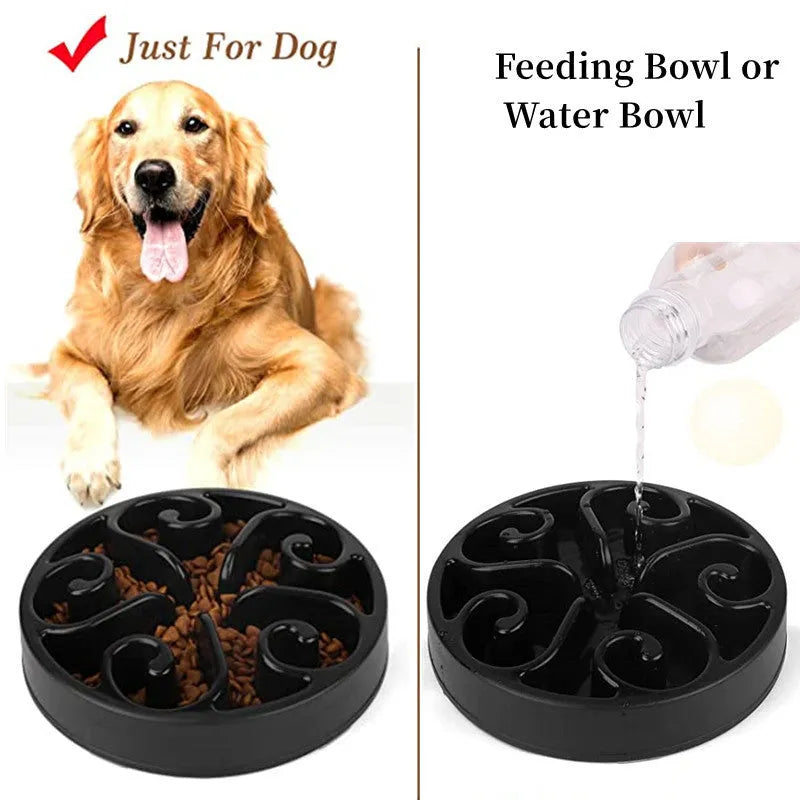 Colour options of an eco-friendly dog slow feeder bowl with maze pattern and non-slip base.