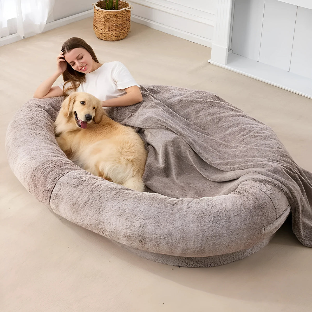 Large short plush dog bed in khaki cloth material, 185x120x30CM size for dogs and humans