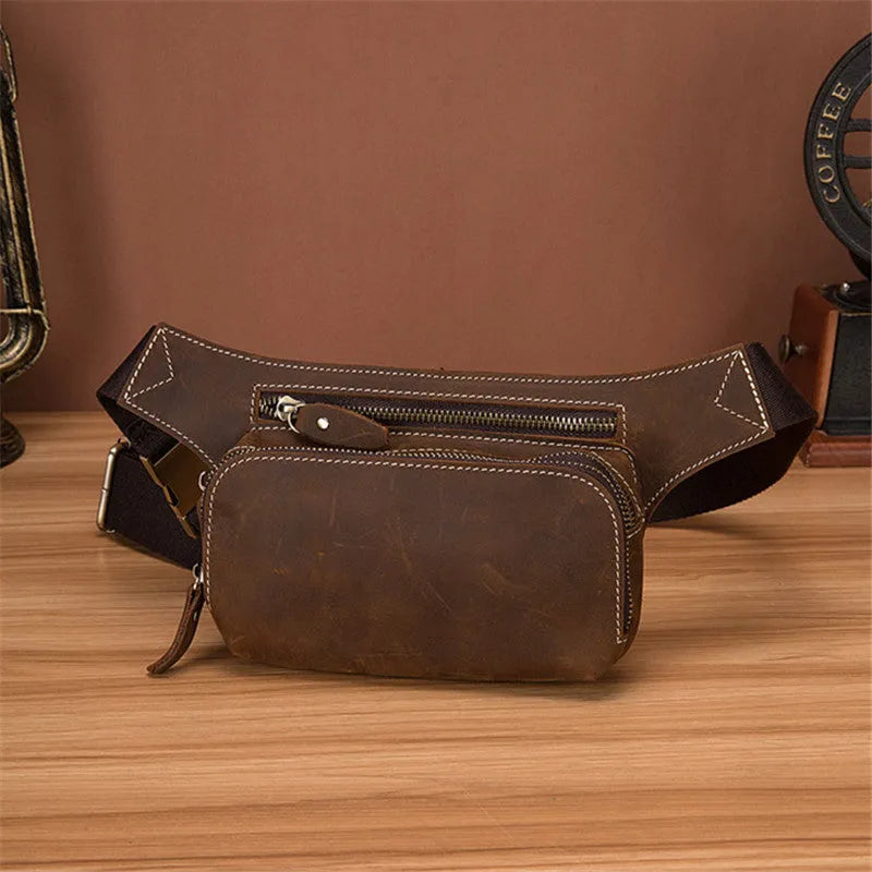 Brown men's sports waist bag made from top layer cowhide leather with pull closure