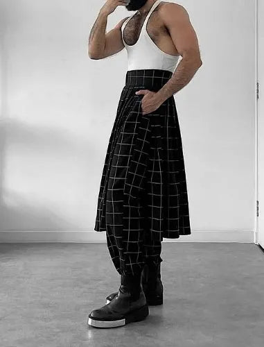 Men's loose-fitting plaid trousers with apron-style front waistband