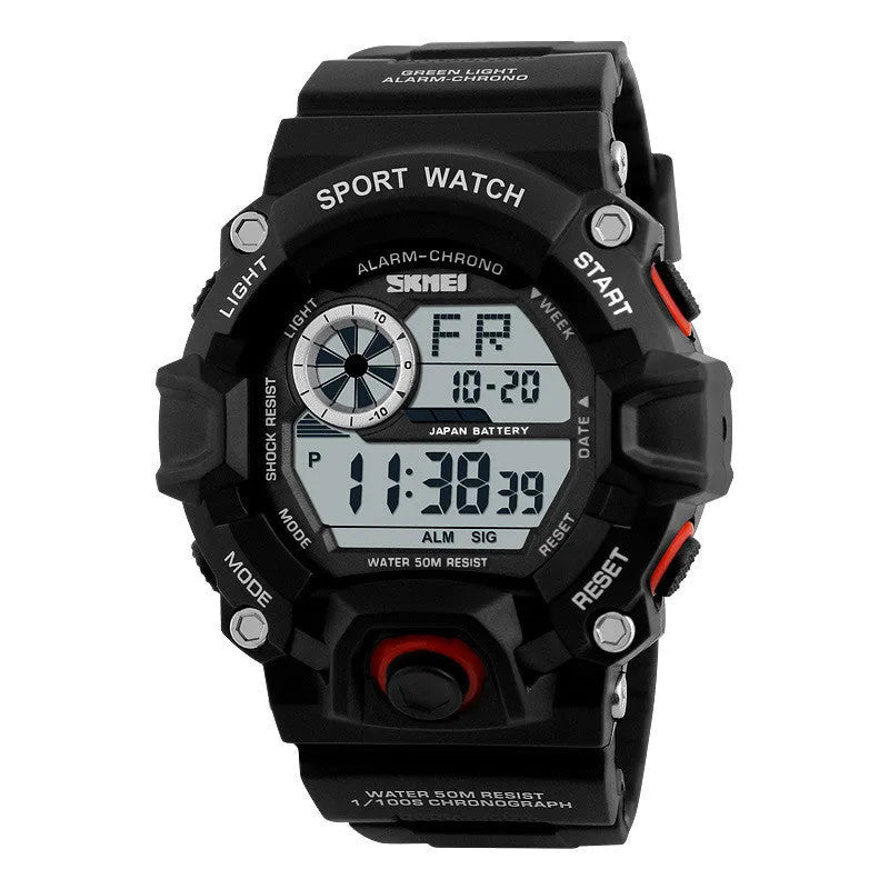 Camouflage green waterproof electronic sports watch with round dial and plastic strap on wrist.