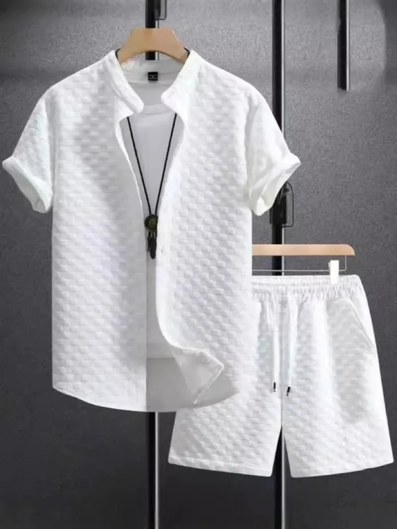 Men's beige short-sleeve jacket and shorts casual summer suit set on a hanger.