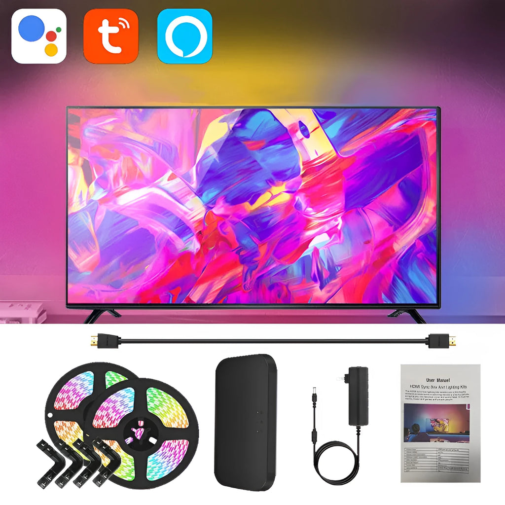 TV ambience light strip with colourful LEDs mounted behind a television screen.