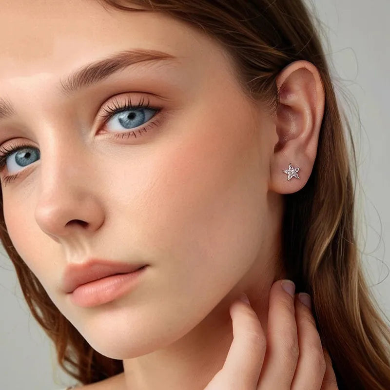 Original Shining Zircon Small Flower Ear Studs for women, silver construction with shining zircon centre, Christmas style