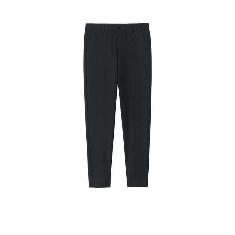 Men's straight-leg casual pants in black cotton fabric with drawstring waist closure
