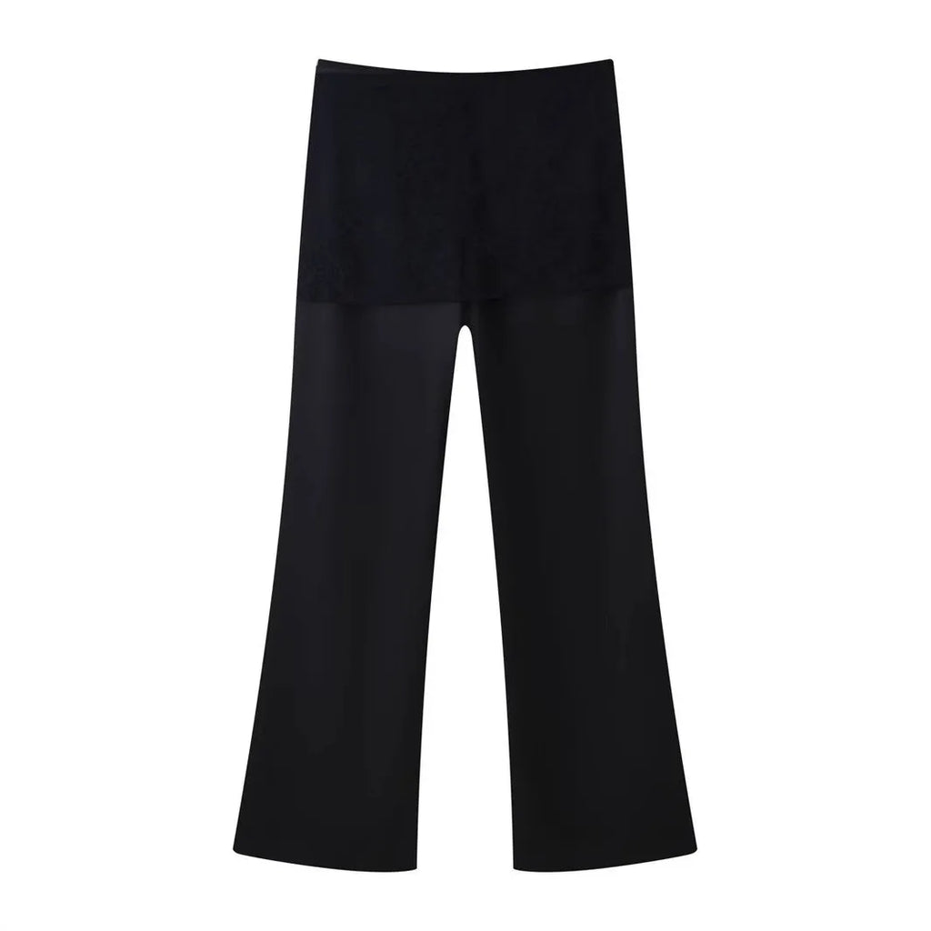 Women's black satin trousers with lace-up wrap front, loose straight-leg cut, nylon fabric