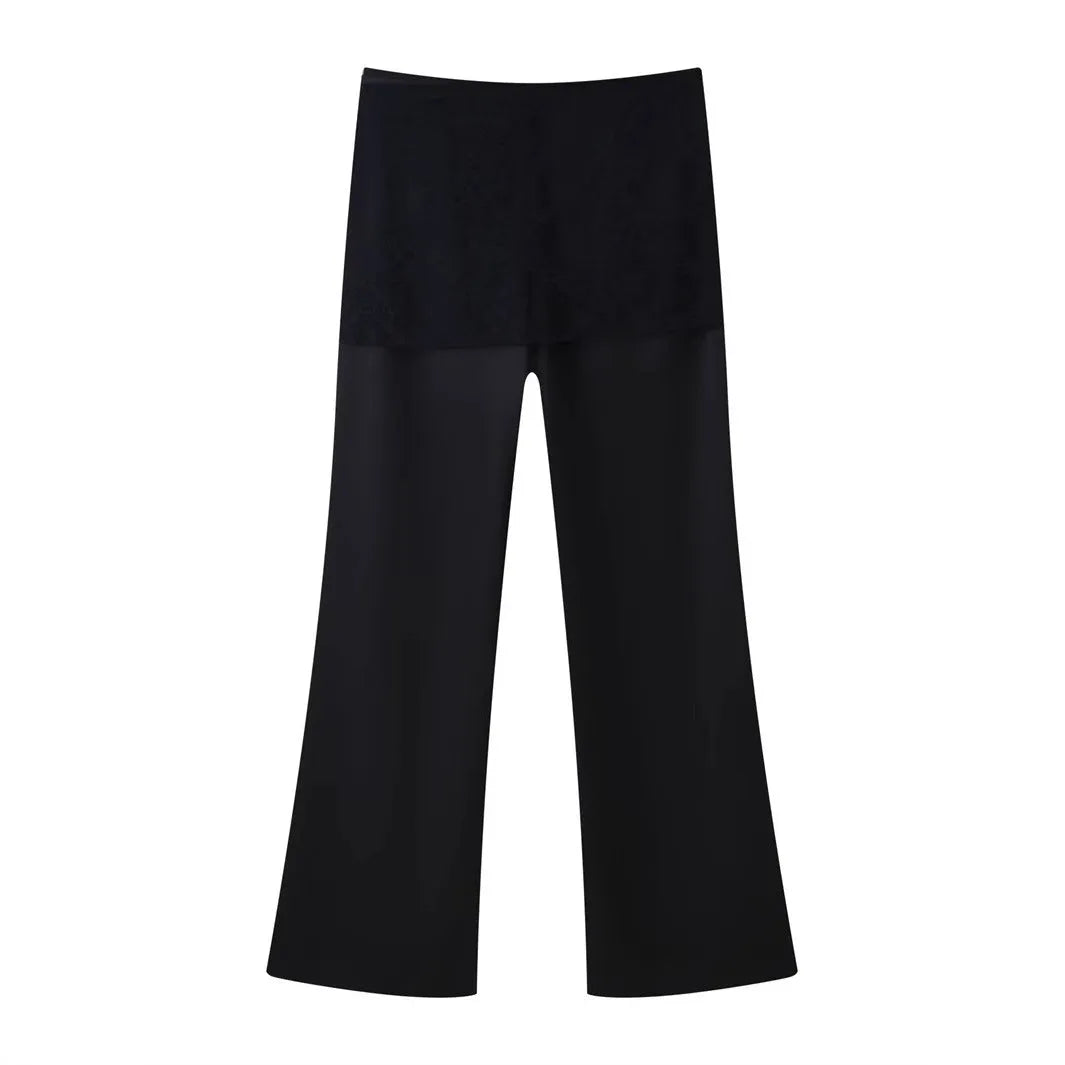 Women's black satin trousers with lace-up wrap front, loose straight-leg cut, nylon fabric