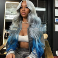 Grey-blue gradient human hair lace front wig with natural hairline on mannequin