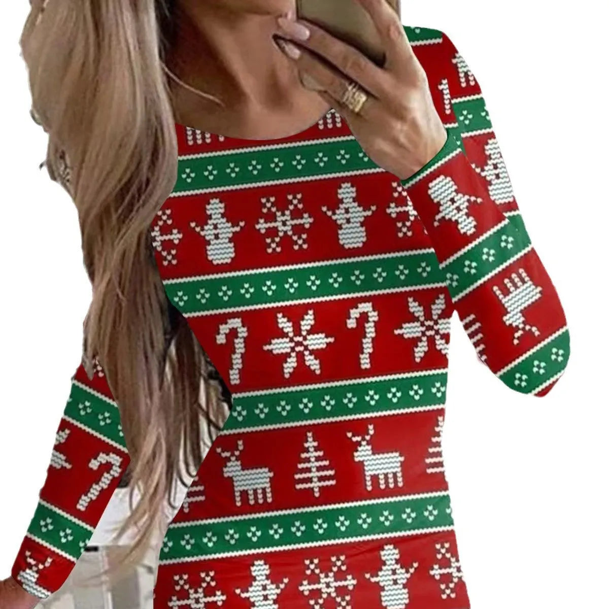 Women's tight-fitting red Christmas dress with animal print pattern, featuring long sleeves and a short hip skirt.