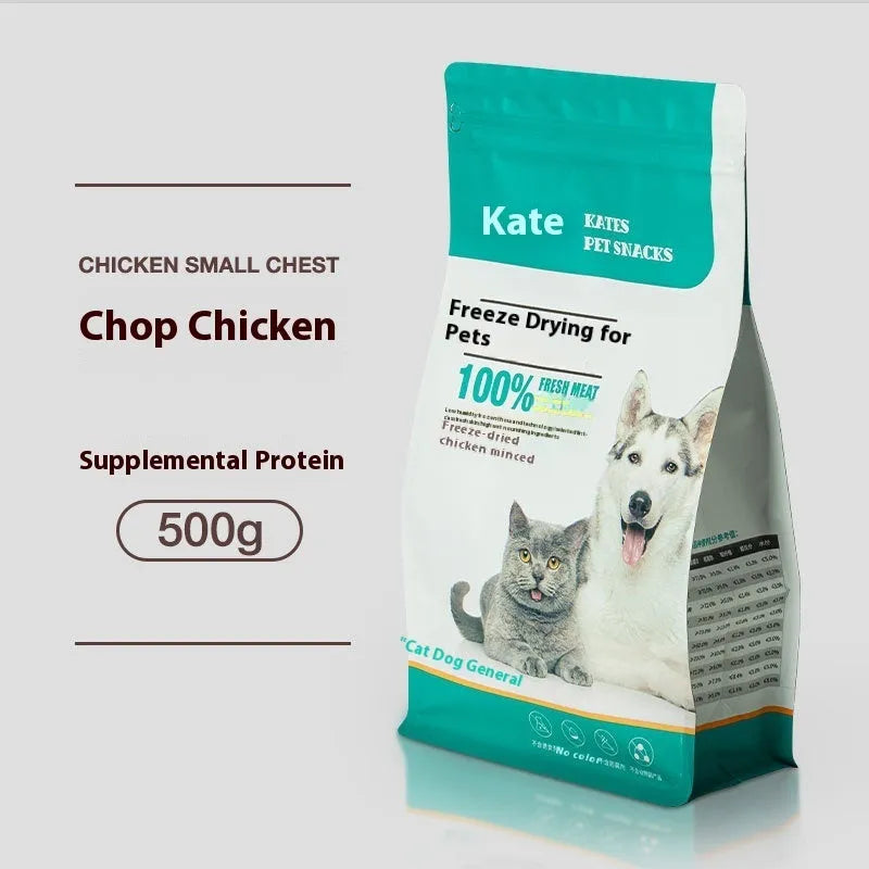 Freeze-dried chicken cat snacks in 500g pack showing nuggets in bagged or barrel packaging options