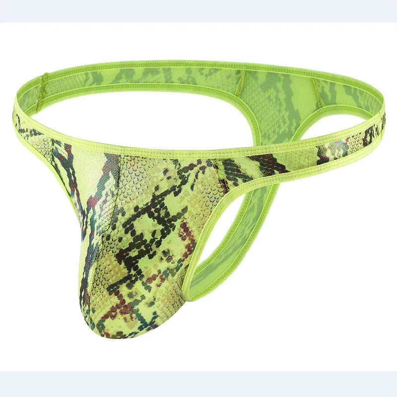 Men's camouflage snake print thong underpants in polyester fabric with low waist T-back design