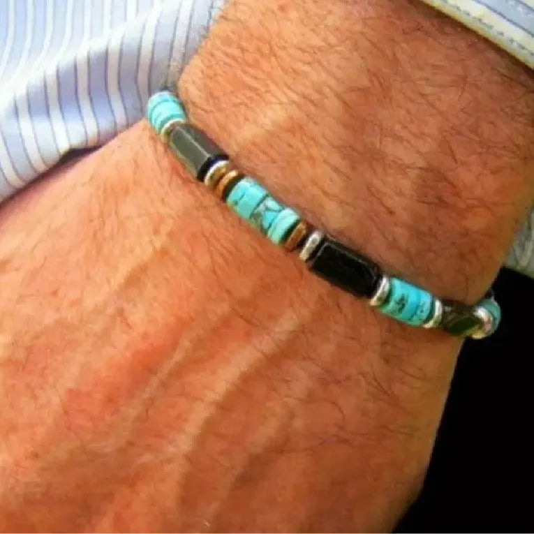 Hand-woven wood turquoise unisex bracelet with totem pattern